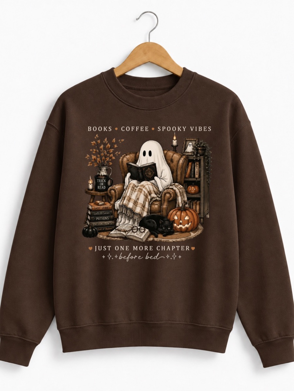Dark Chocolate "Books Coffee Spooky Vibes" Graphic Crewneck